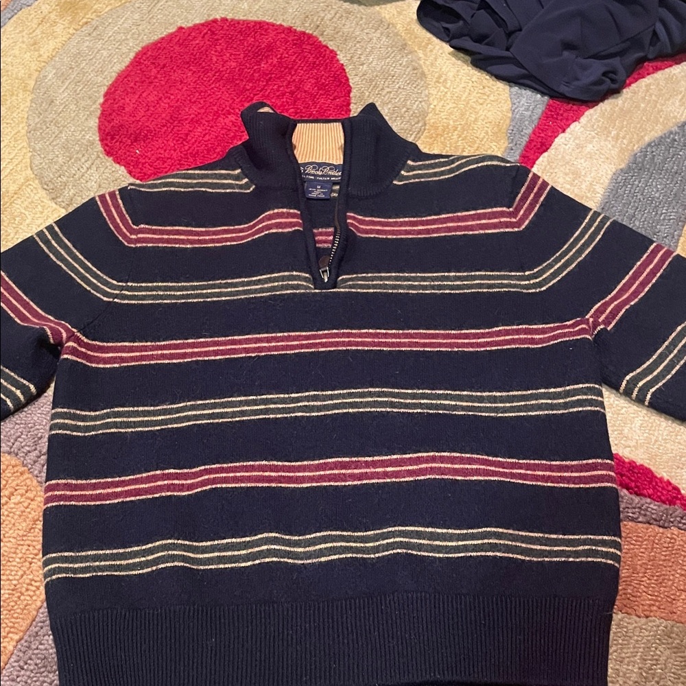 Brooks Brothers Boy’s Zip-Up Sweater - Navy and Burgundy Stripes, Sz M